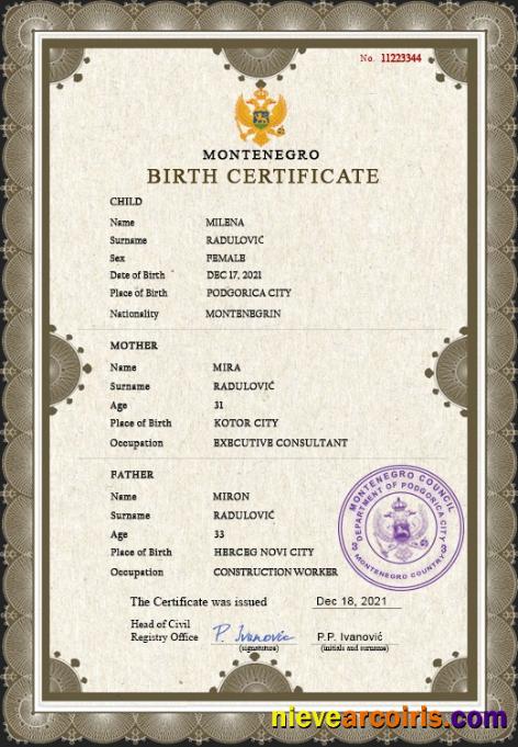 Montenegro vital record birth certificate